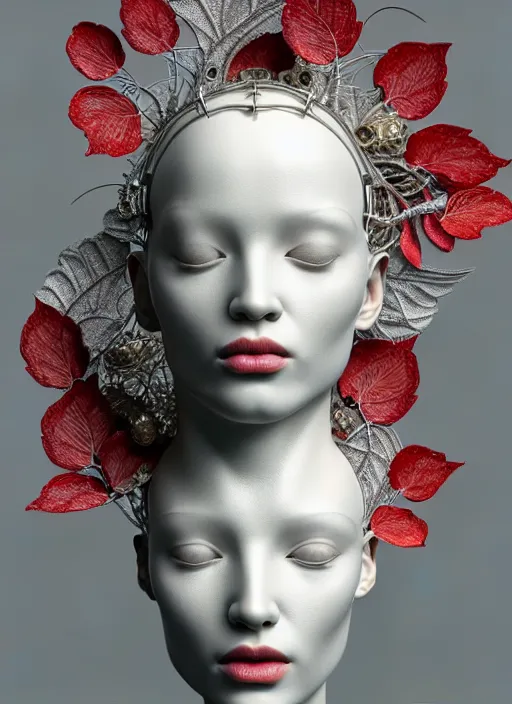 Image similar to complex 3d render ultra detailed of a beautiful porcelain profile woman face, mechanical cyborg, 150 mm, beautiful natural soft light, rim light, studio light, silver gold details, Alexander Mcqueen haute couture, magnolia big leaves and stems, roots, fine foliage lace, mesh wire, intricate details, hyperrealistic, mandelbrot fractal, anatomical, red lips, silver metal armor, facial muscles, cable wires, microchip, elegant, white background, octane render, H.R. Giger style, 8k