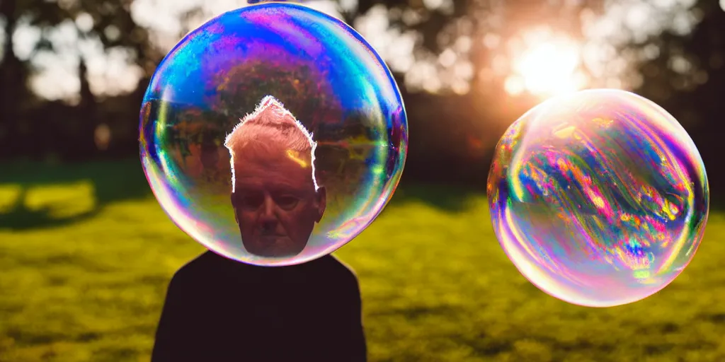 Image similar to an donald trump's head stuck inside of a giant iridescent floating soap bubble, bokeh, golden hour, back yard, golden hour