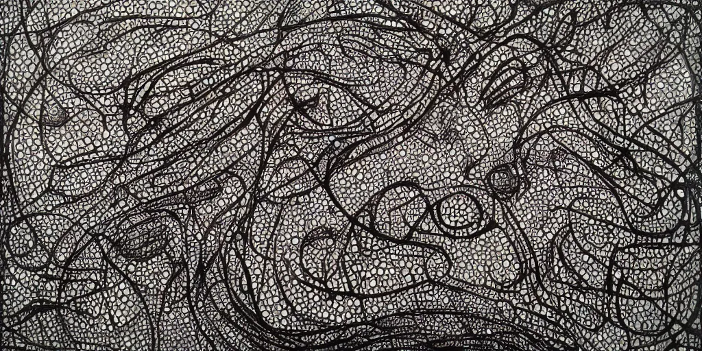 Image similar to camo of lines, technical, acrylic, teeth, eerie, tribal, clay, dots, lines, stipple, points, grid, cybernetic, old painting, swirly eyes, hypnosis