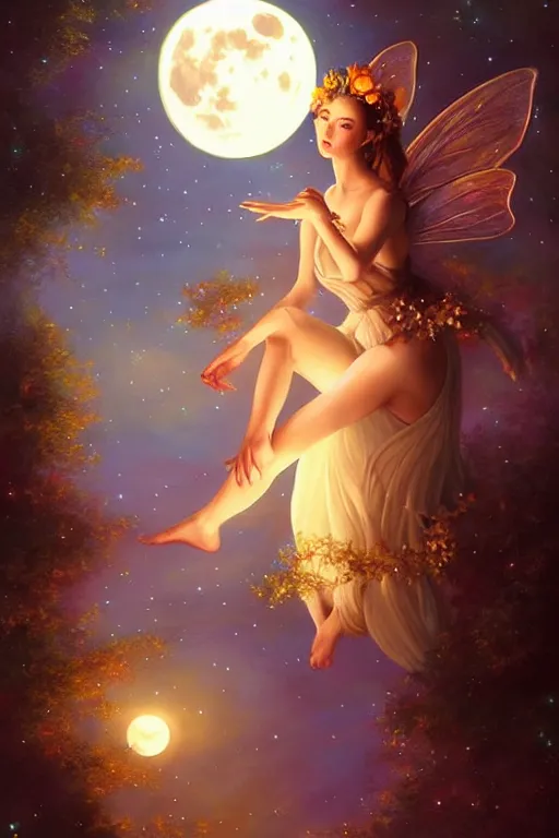 Image similar to attractive fairy magically floating high in the night, fantasy, full moon in background. highly detailed painting by artgerm, mid shot, 8 k