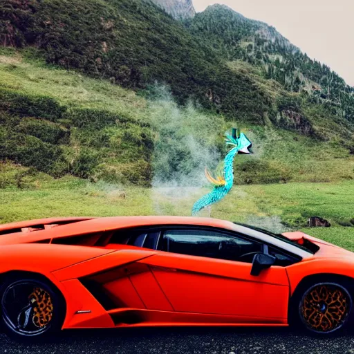 Prompt: a dragon stomping on a lamborghini, view from inside the cabin