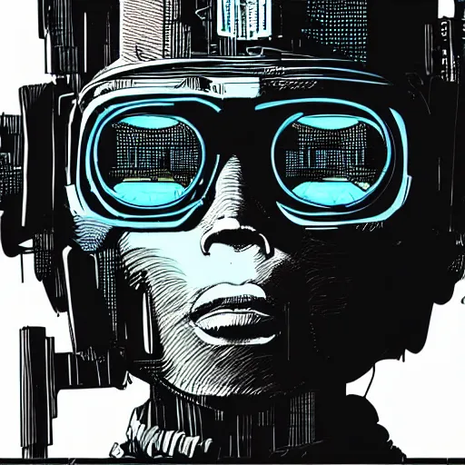 Prompt: in the style of max prentis and deathburger and laurie greasley a close up of a young explorer wearing a cyberpunk headpiece sitting connected to an ancient and huge mechanical head, highly detailed, 8k wallpaper