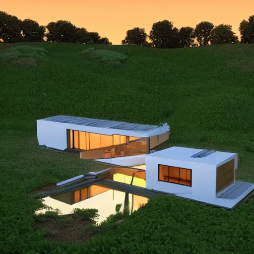 Image similar to a beautiful landscape with a singular modern house near a river at sunset in Pixar style