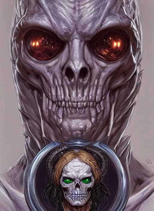 Image similar to portrait of Skeletor from Society (1989), intricate, highly detailed, centered, digital painting, artstation, concept art, smooth, sharp focus, illustration, artgerm, donato giancola, Joseph Christian Leyendecker, WLOP, Artgerm