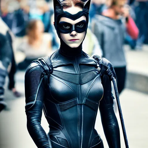 Image similar to Emma Watson as Catwoman, XF IQ4, f/1.4, ISO 200, 1/160s, 8K, Sense of Depth, color and contrast corrected, AI enhanced, HDR, in-frame