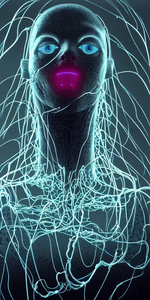 Prompt: concept art of an alien body of light, with a visible circulatory system of glowing translucent cables, raising above a mass of cybernetic worms, on a dark rock background, surrounded by spirals of fog, grimy, gritty, trending on artstation, award winning painting, close portrait, cgi art, by david cronenberg and chris cunningham