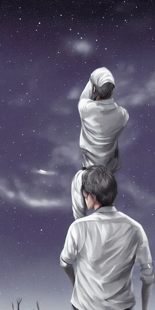Prompt: at night, the back of an athletic handsome graying man carrying a white shirt with the mention FALL IN LOVE WITH JENNY NEVER RETURN, he's looking up a beautiful night sky full of stars, stylised highly detailed, artstation