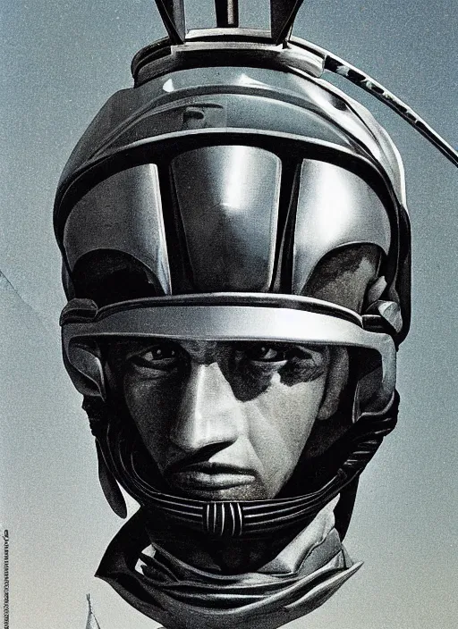 Image similar to beautiful extreme closeup portrait photo Emperor in style of frontiers in helmet motoracing dirt Helmets of Emperor Charles V the Wise, with a golf club, science fashion magazine September, retrofuturism edition, highly detailed, soft lighting, elegant , lighting, 35mm , Edward Hopper and James Gilleard, Zdzislaw Beksinski, Steven Outram, highly detailed