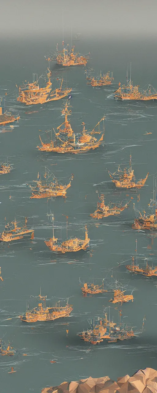 Image similar to fishing vessels in the bay, finnian macmanus lowpoly