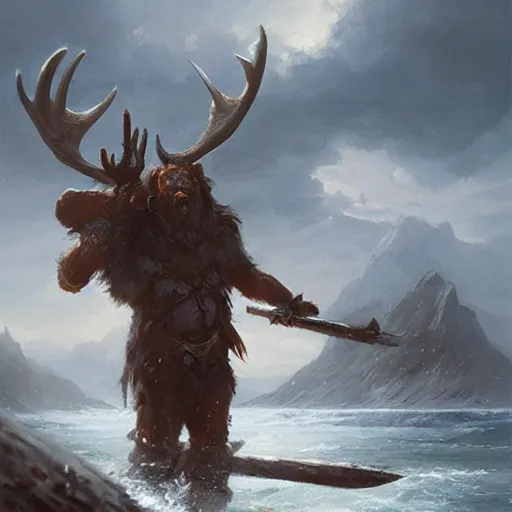 Image similar to anthropomorphic moose barbarian humanoid by greg rutkowski, ship, sea, fantasy