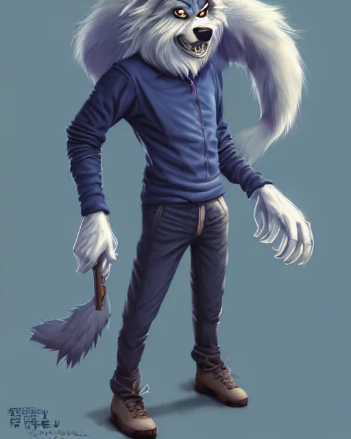 Image similar to character concept art, cute adult male anthropomorphic furry, cute fine face, darkblue werewolf, pants, pretty face, key visual, long human lightblue hair, realistic shaded furry face, fine details by stanley artgerm lau, wlop, rossdraws, james jean, andrei riabovitchev, marc simonetti, and sakimichan