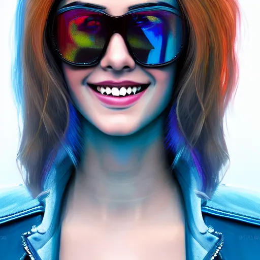 Image similar to closeup painting of a very beautiful young mexican cyberpunk woman smiling, wearing light blue shades and a leather jacket, one side haircut, long brown hair with light blue ends, portrait, hyperdetailed, artstation, cgsociety, 8 k, synthwave by tangerine dream