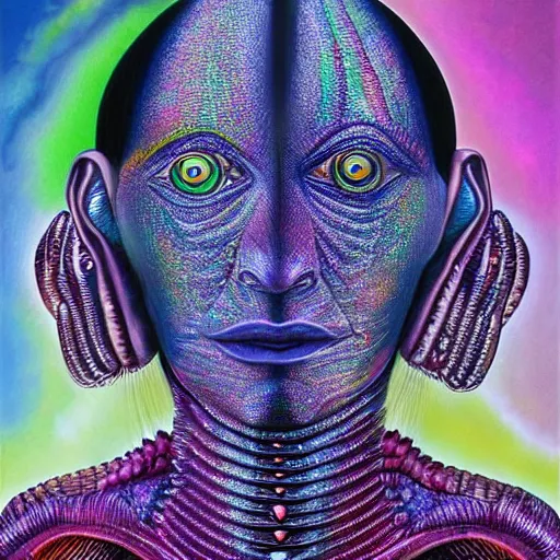 Image similar to a hyper realistic painting of an alien princess, metal headdress, by alex grey, highly detailed, vivid color,