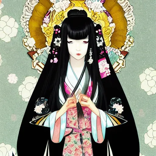 Image similar to portrait of the japanese moon princess kaguya hime with long flowing black hair wearing an ornate kimono with intricate floral patterns, touhou character illustration by ross tran, bo chen, toni infante, rebecca oborn, michael whelan, trending on artstation cgsociety hq