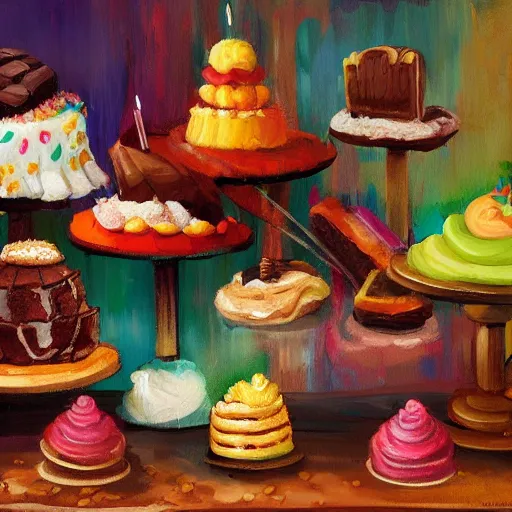 Image similar to concept art oil painting of fancy deserts, cakes, candies, and confections