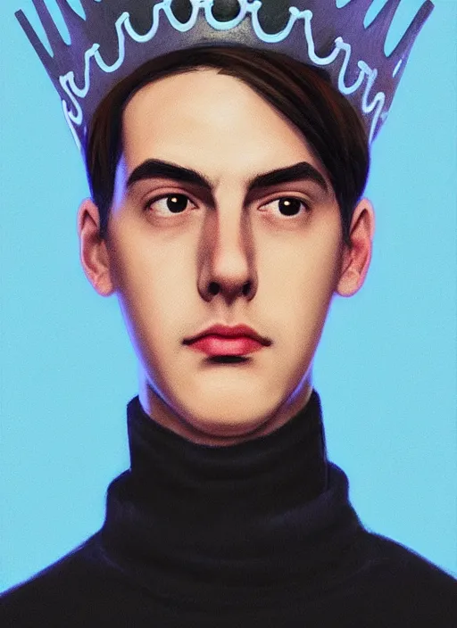 Image similar to portrait of teenage jughead jones wearing a light grey crown, crown, blue turtleneck, 1 9 5 0 s, closed eyes, photorealistic, black hair, glowing lighting, intricate, elegant, glowing lights, highly detailed, digital painting, artstation, concept art, smooth, sharp focus, illustration, art by wlop, mars ravelo and greg rutkowski