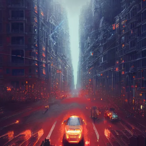 Image similar to detailed intricate digital illustration by greg rutkowski and artgerm and wlop and sanford robinson gifford ; terrifying monster robot looms over city intersection ; 1 3 mm film, arri alfa anamorphic lens ; sharp focus ; golden hour, trending on artstation 8 k