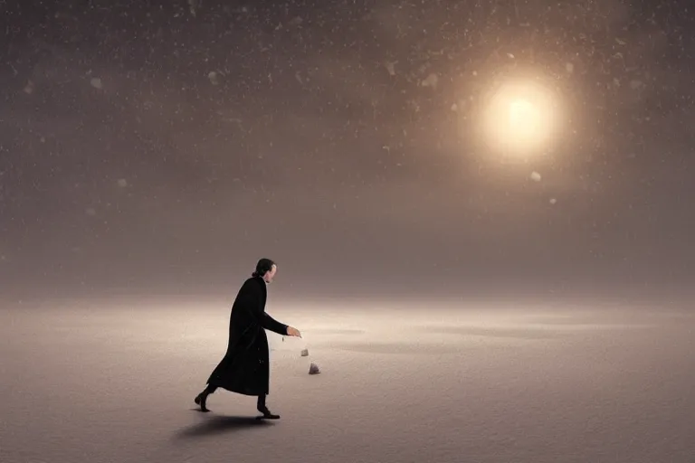 Image similar to a person walking across a snow covered field, landscape inspired by salvador dali, a matte painting by li shida, cgsociety, context art, redshift, matte painting, reimagined by industrial light and magic