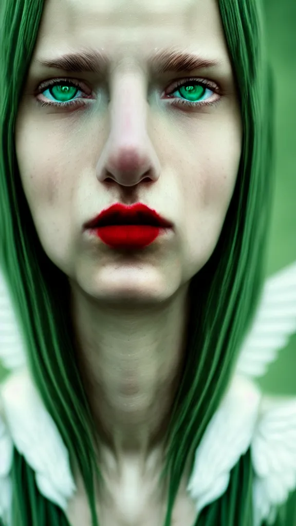 Prompt: a portrait photograph of a female angel by Alessio Albi, beautiful full face, symmetrical face, artstation, deviantart, hyperrealism, green eyes, long red hair,a small nose