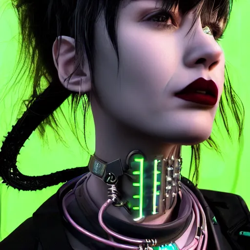 Image similar to detailed realistic cyberpunk female character cyberpunk wearing steel collar around neck, realistic, art, beautiful, 4K, collar, choker, collar around neck, punk, artstation, detailed, female, woman, choker, cyberpunk, neon, punk, collar, choker, collar around neck, thick collar, choker around neck, wearing choker, wearing collar, bright neon punk hair,