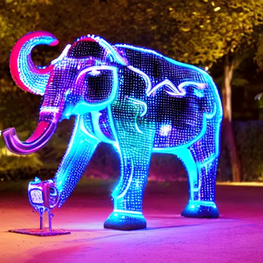 Image similar to a cybertronic elephant made of metal, glowing led tusks