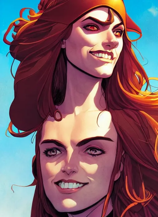 Image similar to Rafeal Albuquerque comic art, Joshua Middleton comic art, pretty female Phoebe Tonkin pirate eye patch over left eye, evil smile, full body, pirate clothing, long wavy brown hair:: sunny weather::