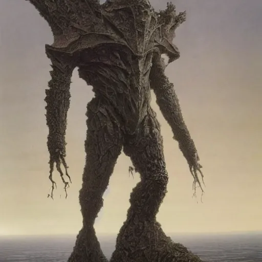 Image similar to concept art of a giant fractal golem, pride, day time, foreboding, fantasy, valley, wayne barlowe