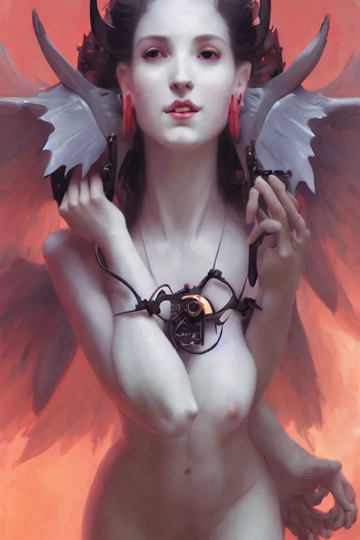 Image similar to Portrait of beautiful pale laughing succubus maiden with mechanical wings, nimbus, and devil's horns, red lighting, masterpiece 4k digital illustration by Ruan Jia and Mandy Jurgens and Artgerm and william-adolphe bouguereau, highly detailed, trending on artstation, award winning,