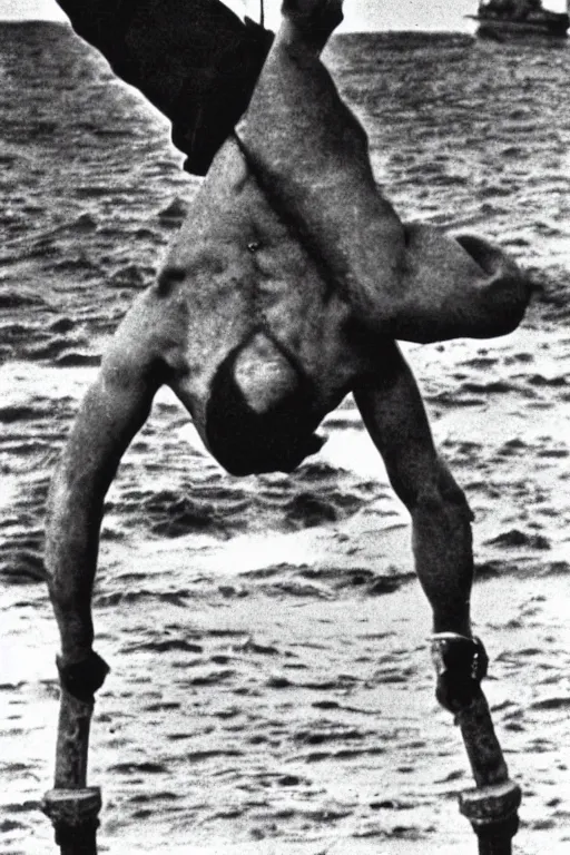 Prompt: historical ww 2 photograph of'pauly shore '!!! doing a handstand on d - day invasion of normandy