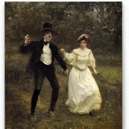 Prompt: young victorian man and woman traversing a dark maze, by alfred stevens