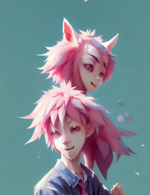 Image similar to a beautiful fullbody portrait of a cute anime boy with pink hair and pink wolf ears. character design by cory loftis, fenghua zhong, ryohei hase, ismail inceoglu and ruan jia. artstation, volumetric light, detailed, photorealistic, fantasy, rendered in octane