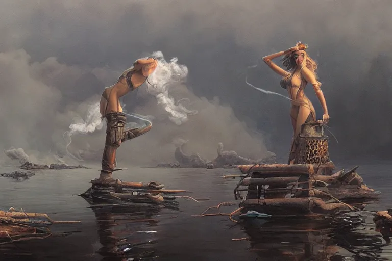 Prompt: smoke on the water, extremely detailed painting by gerald brom and and greg rutkowski