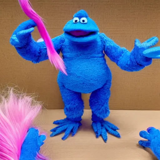 Prompt: big dumb blue giant with pink fire hair and simple blue armour leading an army of small blue muppets