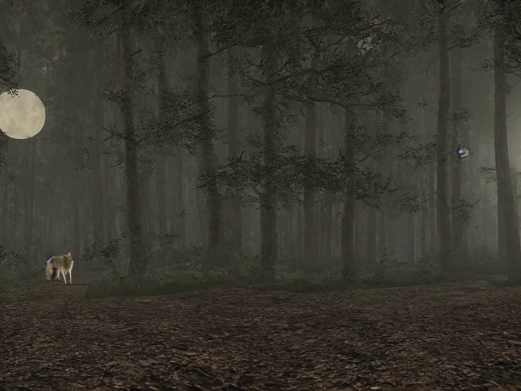 Prompt: a large wolf walking on a dark path through the forest at night under a full moon, 4 k, photorealistic unreal engine 5,