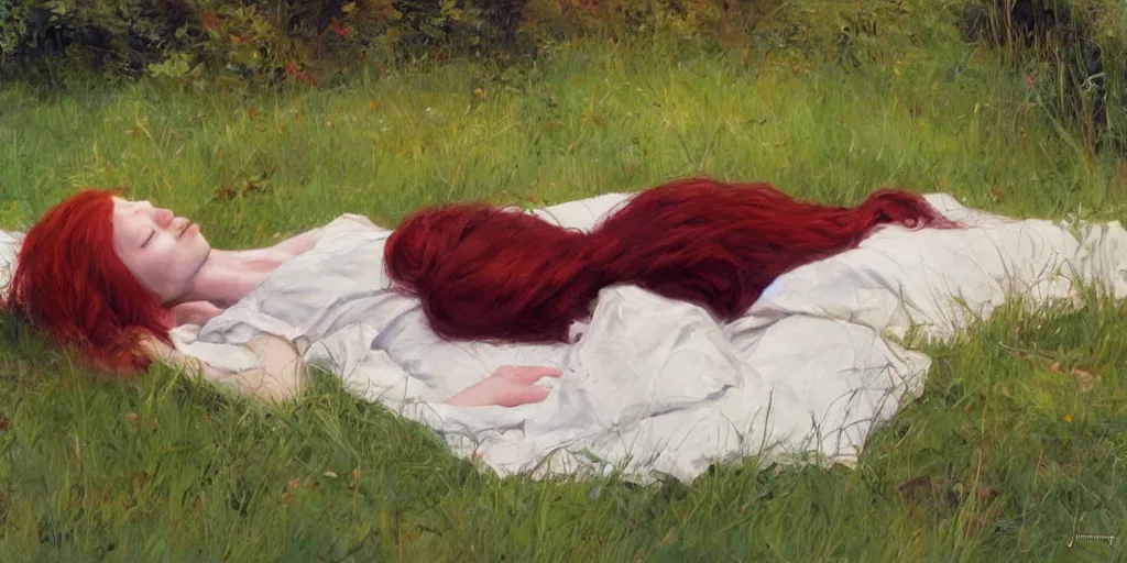 Image similar to redhead sleeping outside in summer, artstation james gurney