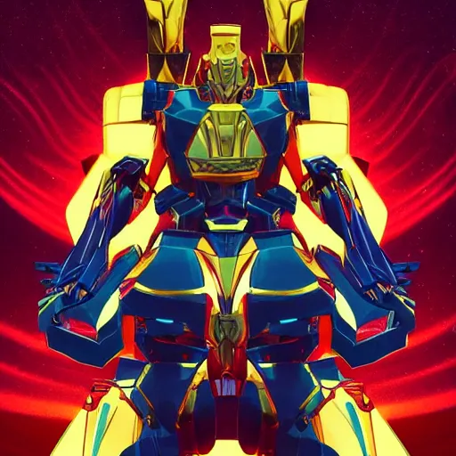 Prompt: Greek God in Mecha style, seated on a throne, front view, totally symmetrical, in the graphic style of Matt Sanz and DC Comics, hyper detailed, trending on artstation, glow