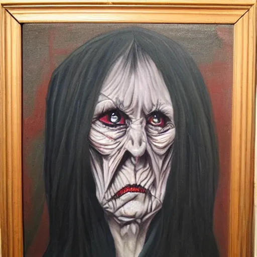 Image similar to creepy old cursed witch watching you sleep, eerie, haunted, oil painting