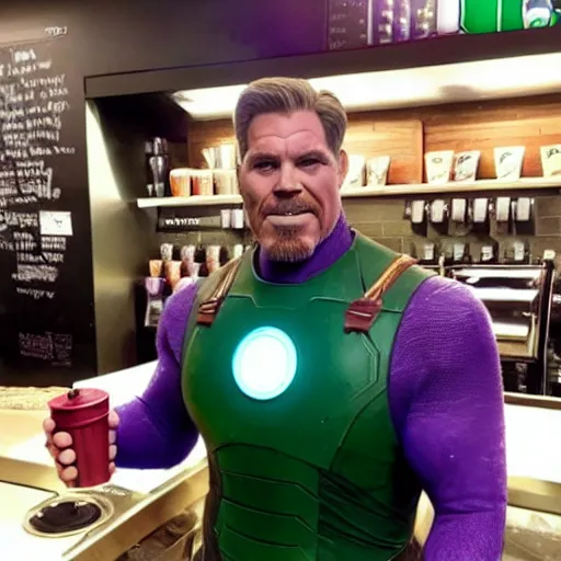 Image similar to thanos as a starbucks barista, serving iron man