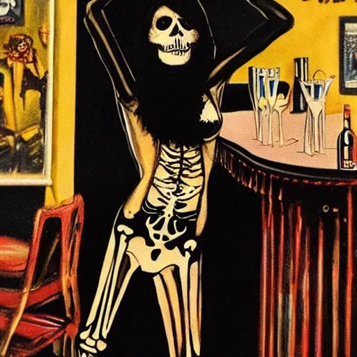 Image similar to a skeleton in a black suit sitting at the bar at the disco club drinking tequila, talking to a beautiful woman in a low cut blouse and a miniskirt, holding a martini, by Basil Gogos and Robert McGinnis