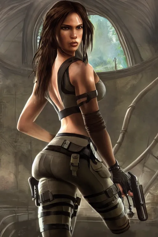 Image similar to lara croft wearing body tight attire that shows off her figure, bulging chest, subway train interior backround, highly detailed, wide shot, intricate, fearful, mystical, sharp focus, Trending on Artstation HQ, deviantart, unreal engine 5, 4K UHD image