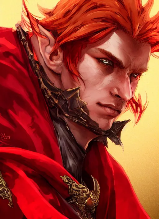 Image similar to Half body portrait of a handsome young red haired elven monk prince with dragon eyes, staff and red and golden ornate dragon robe. In style of Yoji Shinkawa and Hyung-tae Kim, trending on ArtStation, dark fantasy, great composition, concept art, highly detailed.