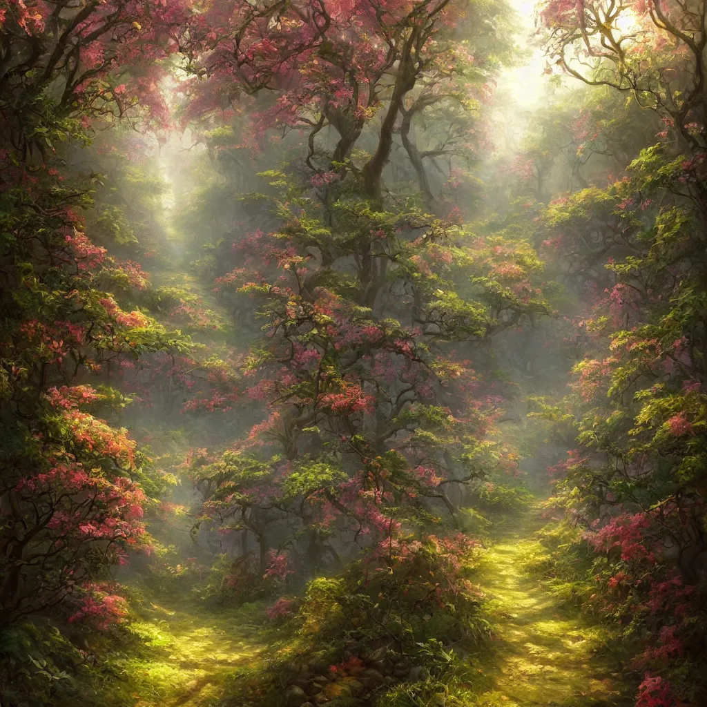 Prompt: a painting of a path leading to a mystical forest full of wonders, apple trees, magical fairy atmosphere, trending on artstation, 30mm, by Tyler Edlin