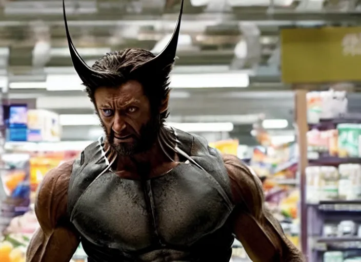 Image similar to film still of Wolverine going grocery shopping in the new X-Men movie, 4k