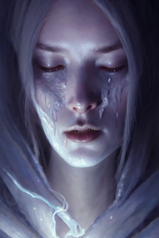 Prompt: crying ghost, tall, silver skin, illustration, cinematic lighting, 8 k, d & d, frostbite 3 engine, dof, artstation, tangled, digital art, twilight ray, art by tsuyoshi nagano, greg rutkowski, artgerm, alphonse mucha