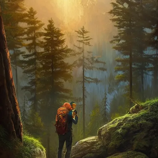 Image similar to explorer detailed man with backpack standing at a forest looking for adventure in the mountains, tall trees, landscape is lush, moody sunset in background, greg rutkowski, alphonse mucha, trending on artstation, artgerm, unreal engine, breathtaking, award winning, highly detailed w 1 0 2 4