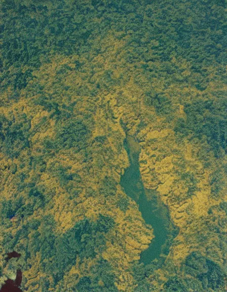 Prompt: vintage color photo of aerial view of a giant 1 1 0 million years old abstract structure made of light beams and liquid gold covered by the jungle vines