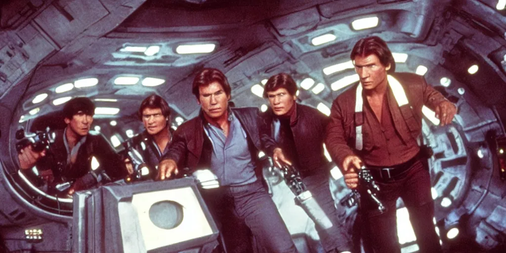 Image similar to a full color still of the control bridge of a spaceship with a middle-aged Harrison Ford as Han Solo standing in the middle, dressed in an admirals uniform, cinematic lighting, 1999, directed by Steven Spielberg, 35mm