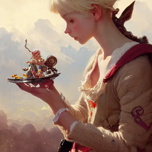 Prompt: elf fairy blond with a beautiful face, with a loot on their back, wearing a cardigan, highly detailed, intricate, digital painting, artstation, sharp focus, illustration, art by jakub rozalski, greg rutkowski, artgerm, tan zi and ayanamikodon and alphonse mucha and wlop