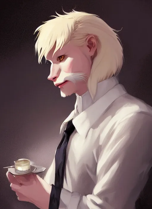 Prompt: beautiful portrait commission of a male furry anthro albino mountain lion wearing a white dress shirt in an old-timey Saloon. Atmospheric. Character design by charlie bowater, ross tran, artgerm, and makoto shinkai, detailed, inked, western comic book art