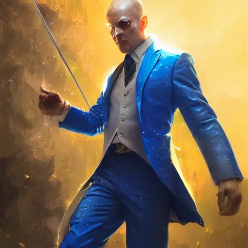 Prompt: a man in a blue suit wielding a jeweled sword and a pistol, fantasy, digital painting, volumetric light, intricate, sharp, focus, bloom, illustration, highly detailed, concept art, matte, ruan jia, randy vargas, greg rutkowski